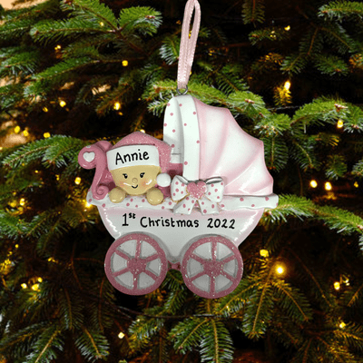 Baby in Pram Christmas Decoration Pink or Blue