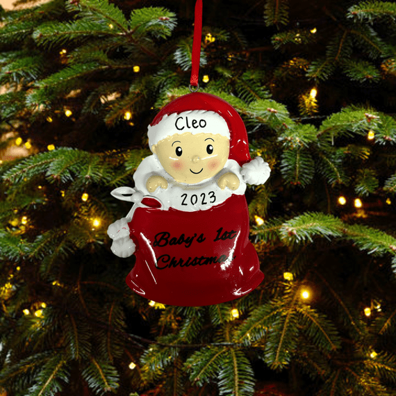 Personalised Baby in Santa Sack Christmas Tree Decoration 2022 Bauble Hanging Ornament Keepsake