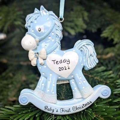 Baby's 1st Christmas Rocking Horse - Blue or Pink - Personalised Christmas Decoration