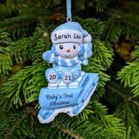 Personalised Baby's First Christmas Tree Decoration 1st Xmas 2021 Bauble Snowman on Sleigh Hanging Ornament
