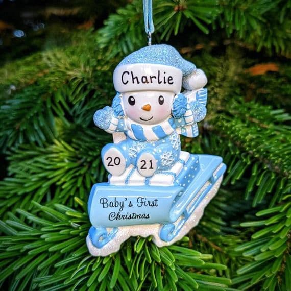 Personalised Baby's First Christmas Tree Decoration 1st Xmas 2021 Bauble Snowman on Sleigh Hanging Ornament