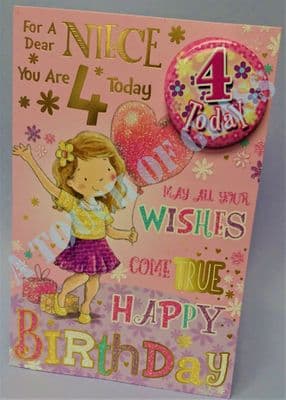Badge Birthday Card - 4 Year Old Niece