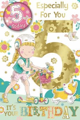 Badge Birthday Card - 5 Year Old Girl