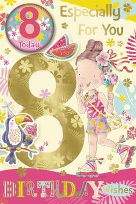 Badge Birthday Card - 8 Year Old Girl