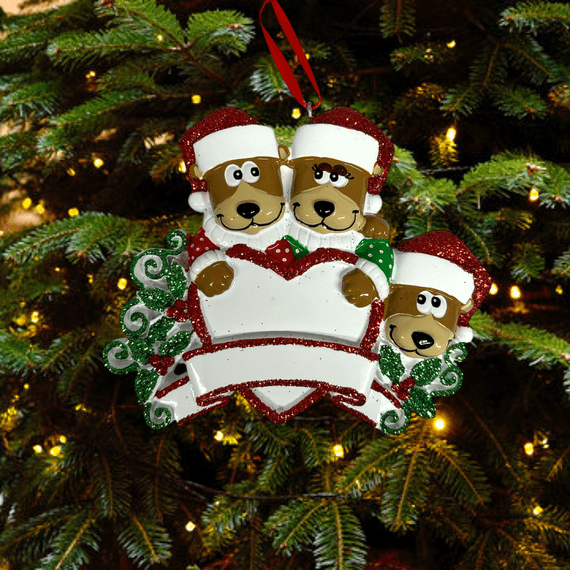 Brown Bear Family of 3 - Personalised Christmas Tree Decoration Hanging Ornament