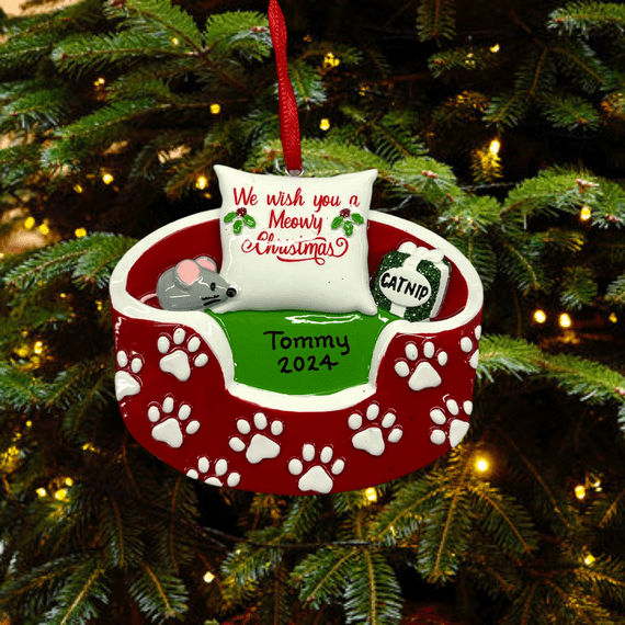 Dog Bed Christmas Tree Decoration Personalised 1st Xmas Bauble