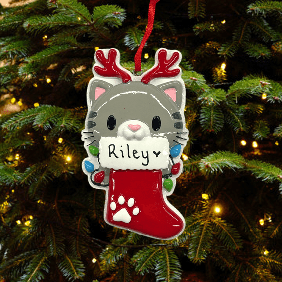 Cat in Stocking Christmas Tree Decoration Personalised Bauble