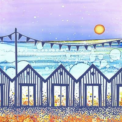 Coastal Retreat Beach Huts Ceramic Coaster By Jo Crafts