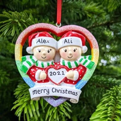 Couple in Rainbow Heart - Same Sex Couple - Personalised Christmas Decoration