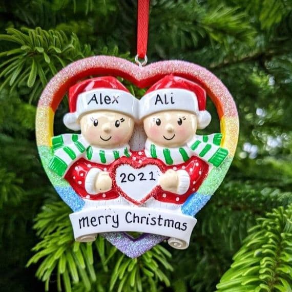 Couple in Rainbow Heart - Same Sex Couple - Personalised Christmas Decoration