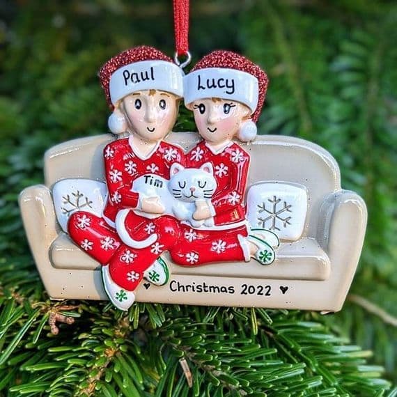 Couple with White Cat Personalised Christmas Tree Decoration