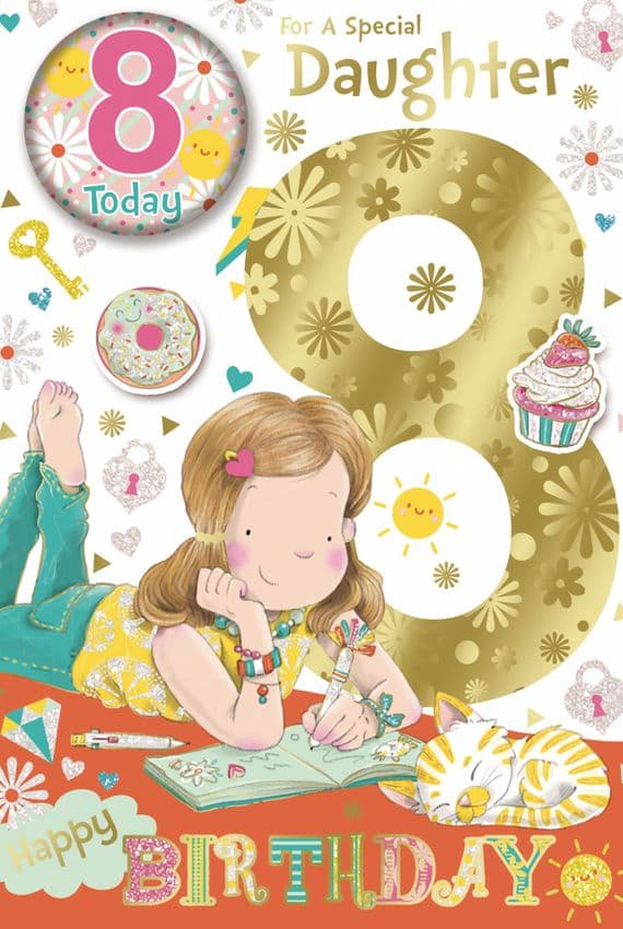 8 Year Old Daughter Birthday Card with Badge