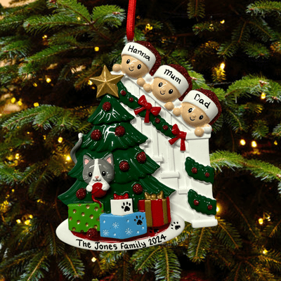 Family of 3 with Grey Cat Personalised Christmas Tree Decoration