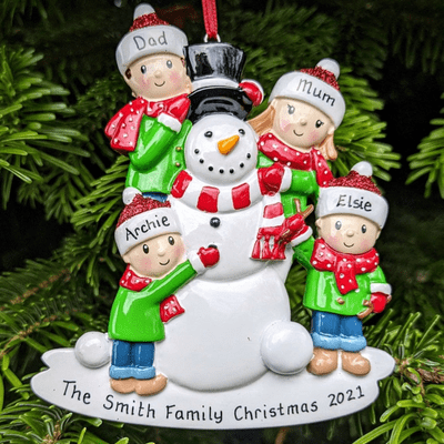 Family of 4 Building a Snowman - Personalised
