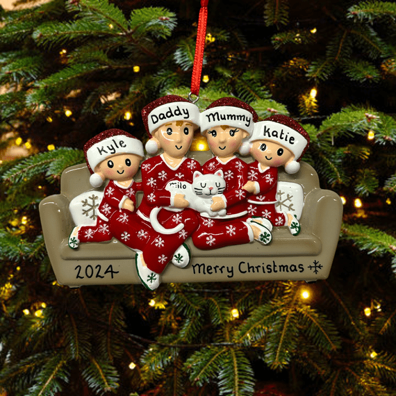 Family of 4 with White Cat Personalised Christmas Tree Decoration