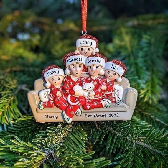 Family of 5 with White Cat Personalised Christmas Tree Decoration