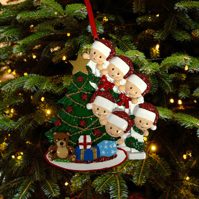Family of 6 with Christmas Tree - Personalised Decoration