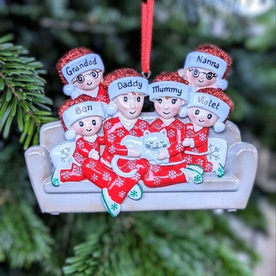 Family of 6 with White Cat Personalised Christmas Tree Decoration