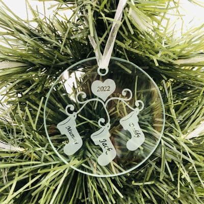 Family Stockings Design - Engraved Round Glass Plaque