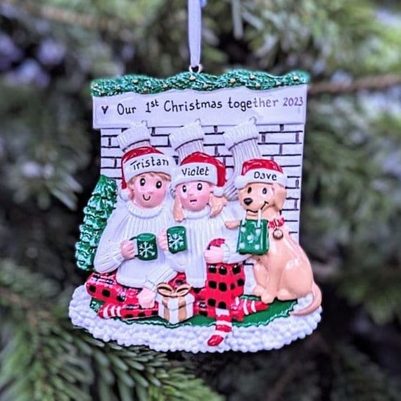 Fireplace Couple with Dog Personalised Decoration