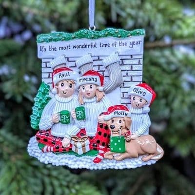 Fireplace Family of 3 with Dog Personalised Decoration