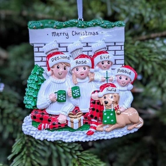 Fireplace Family of 4 with Dog Personalised Decoration