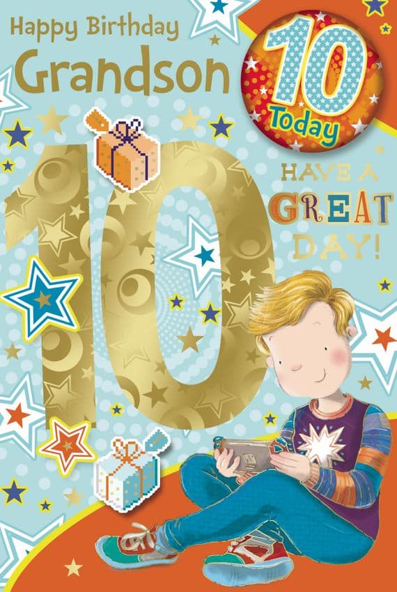Grandson 10th Birthday Card with Badge - Candy Club