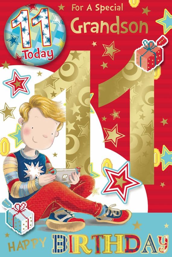 Grandson 11th Birthday Badge Card - Candy Club - Greetings Cards