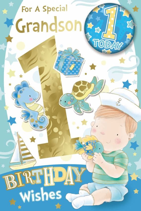 Grandson 1st Birthday Badge Card - Candy Club - Greetings Cards