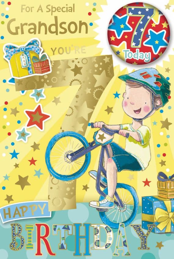 Grandson 7th Birthday Card with Badge - Candy Club
