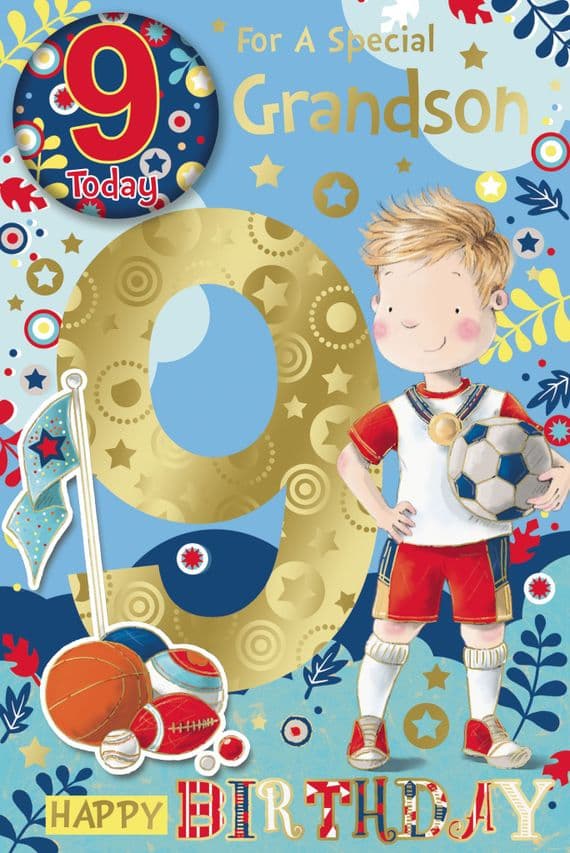 Grandson 9th Birthday Badge Card - Candy Club - Greetings Card