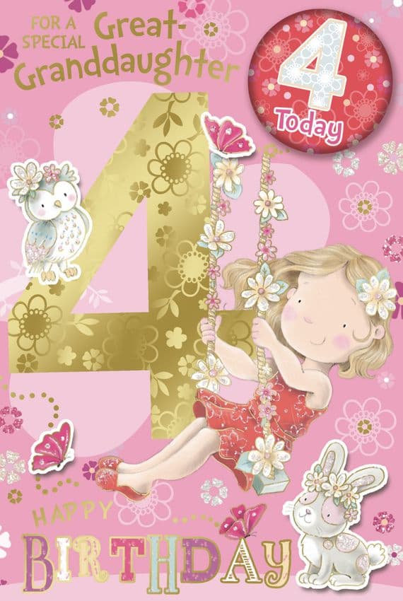 Great Granddaughter 4th Birthday Badge Card - Candy Club - Greetings Cards