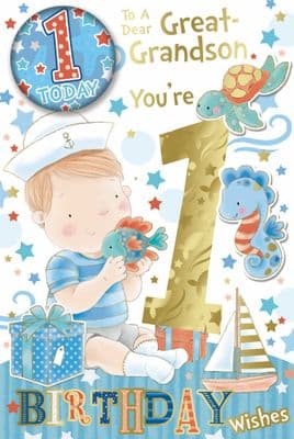 Great Grandson 1st Birthday Card with Badge