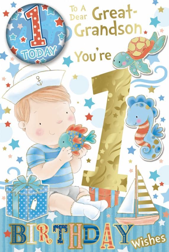 Great Grandson 1st Birthday Badge Card - Candy Club - Greetings Cards