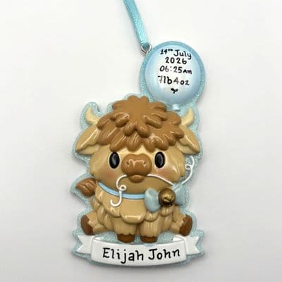 Highland Cow Baby Boy Blue - Personalised Hanging Decoration