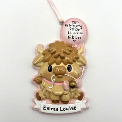 Highland Cow Baby Girl Pink - Personalised Hanging Decoration