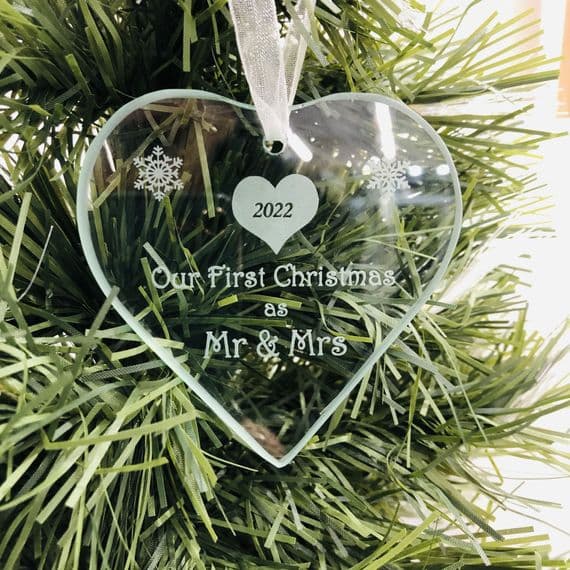 Personalised Glass Heart | First Christmas as Mr & Mrs | Hanging Tree Decoration