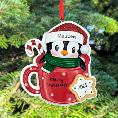 Penguin in Mug Personalised Christmas Tree Decoration