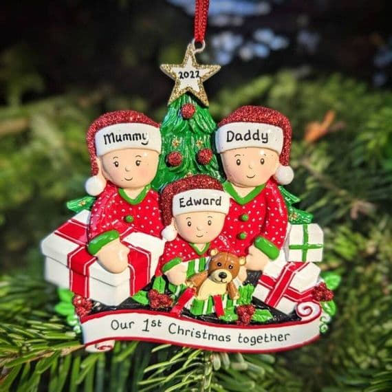 Personalised Family of 3 Opening Presents Christmas Tree Decoration First Family Christmas Keepsake