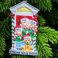 Personalised Family of 3 with Dog in Doorway Christmas Tree Decoration First Family Christmas