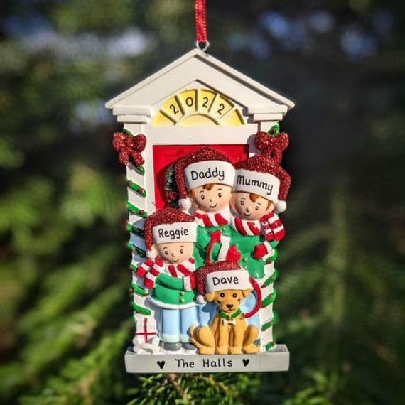 Personalised Family of 3 with Dog in Doorway Christmas Tree Decoration First Family Christmas