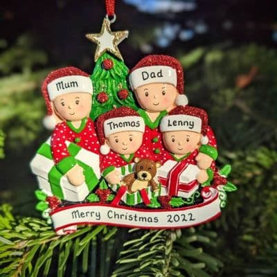 Personalised Family of 4 Opening Presents Christmas Tree Decoration