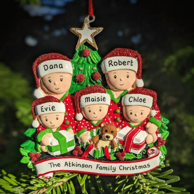 Personalised Family of 5 Opening Presents Christmas Tree Decoration