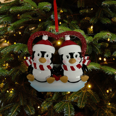 Personalised Penguin Couple in Heart Christmas Tree Decoration
