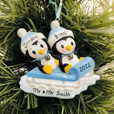 Personalised Penguin Couple in Sledge Blue Mr & Mr 1st Christmas Together Best Friends