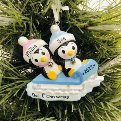 Personalised Penguin Couple in Sledge Pink & Blue Mr & Mr 1st Christmas Together Best Friends