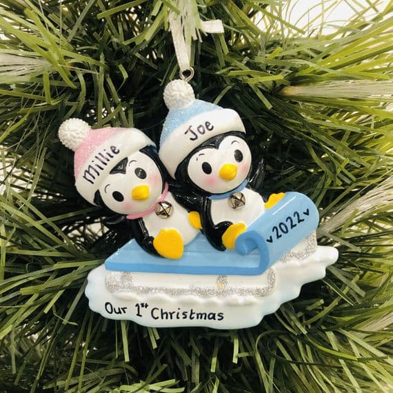 Personalised Penguin Couple Tree Decoration Cute First Christmas Together 1st Xmas 2025 Bauble Hanging Ornament Mr & Mrs Best Friends Pink and Blue