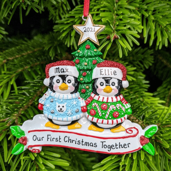 Personalised Penguin Couple Tree Decoration Cute First Christmas Together 1st Xmas 2021 Bauble Hanging Ornament