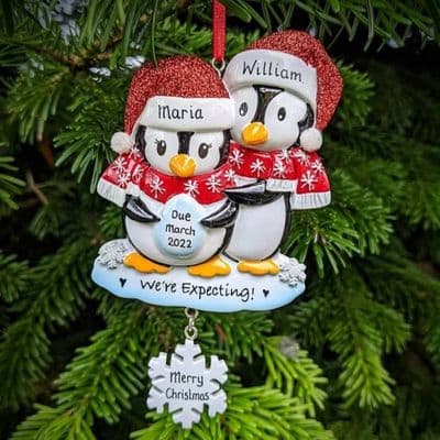 Personalised Penguin Couple with Egg 'We're Expecting!' Pregnant Christmas Decoration