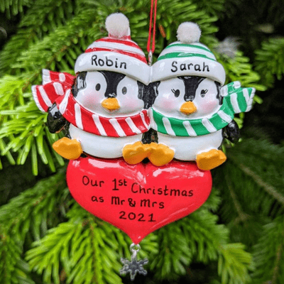 Personalised Penguin Couple with Red & Green Scarf